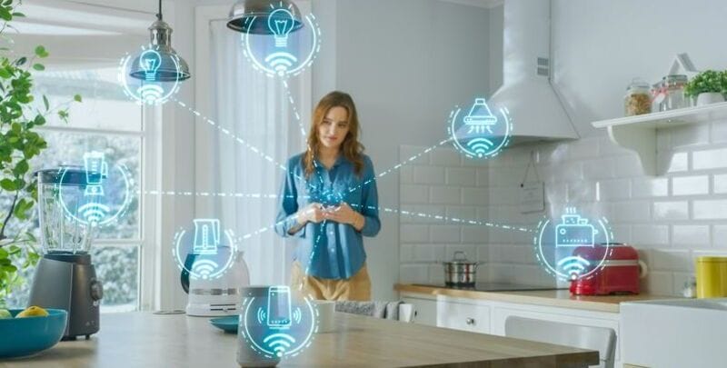 A woman using smart home technology
